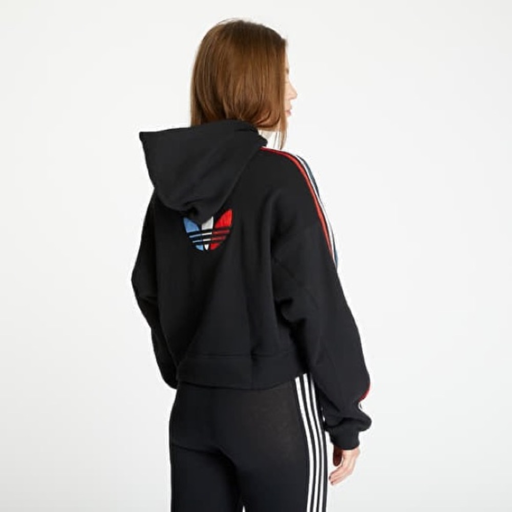 NWT Adidas Cropped Red White & Blue Stripe Black Hoodie | Small
